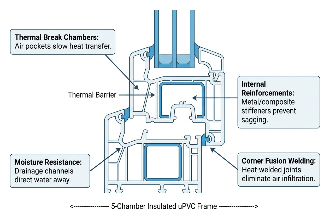 Diagram showing multi-chamber frame construction and thermal barriers
