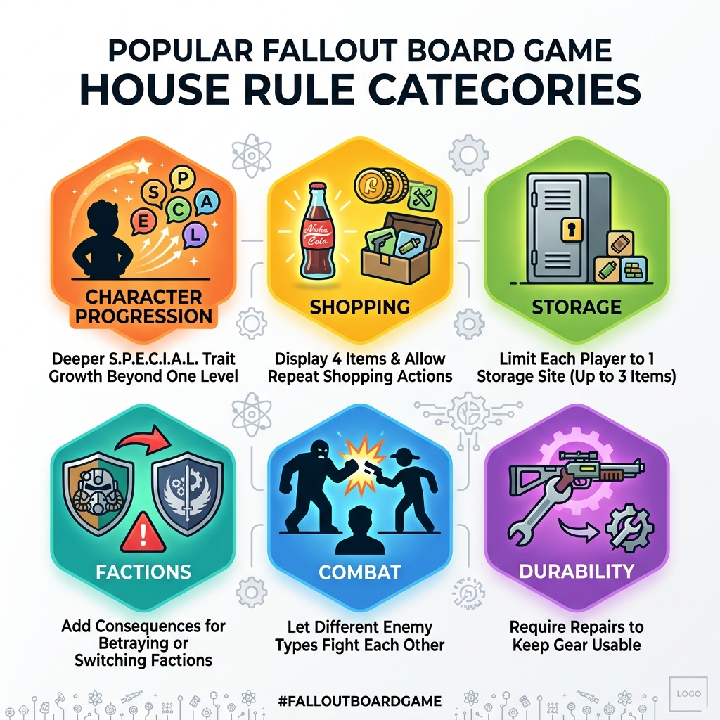 Infographic showing Fallout board game house rules categories: character progression, shopping, storage, factions, combat Infographic showing Fallout board game house rules categories: character progression, shopping, storage, factions, combat