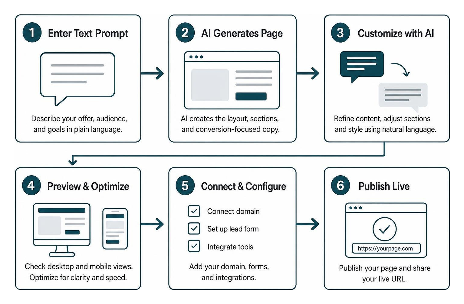 Step-by-step workflow from text prompt to live landing page Step-by-step workflow from text prompt to live landing page