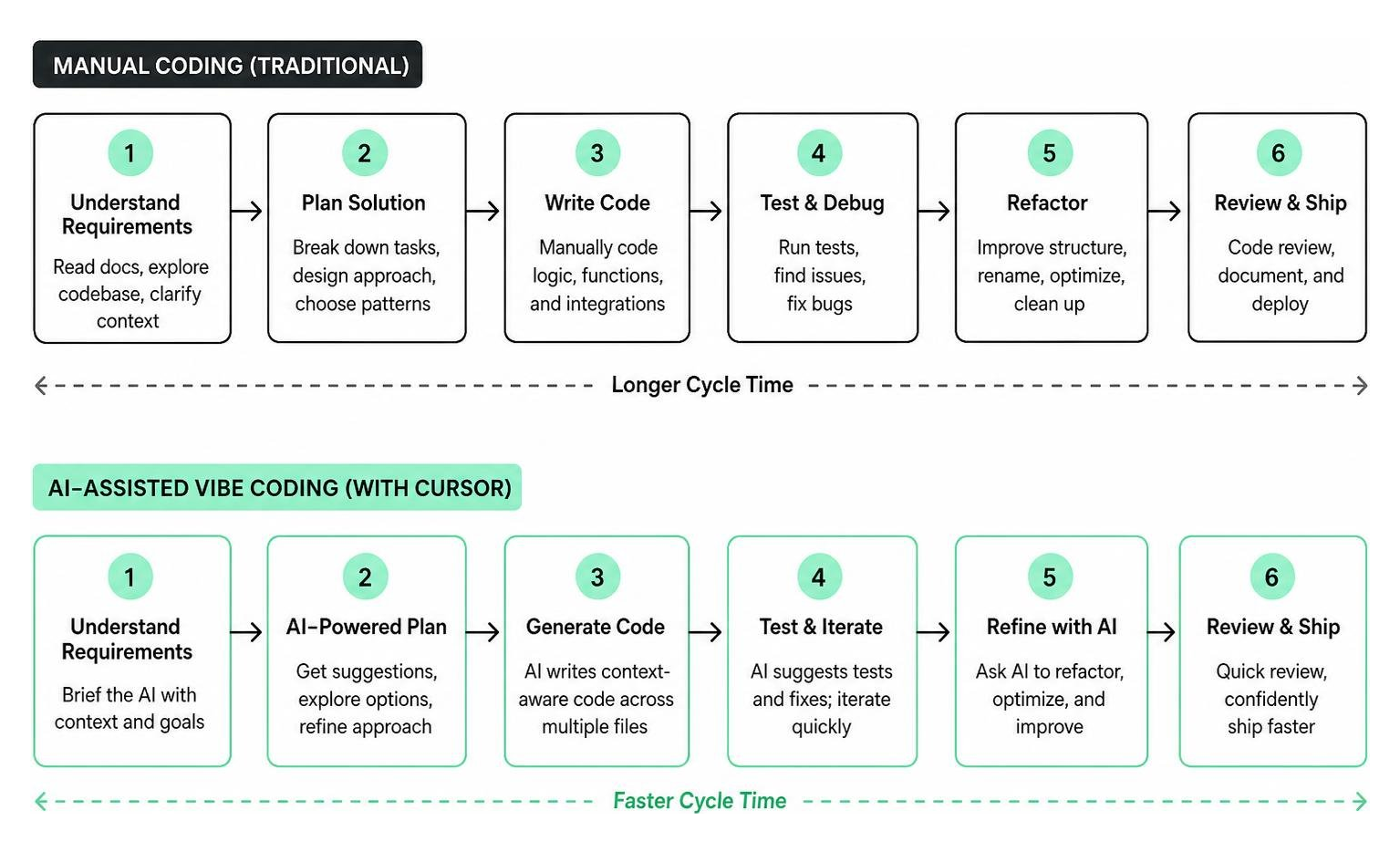 development process comparing manual coding vs AI-assisted vibe coding in Cursor