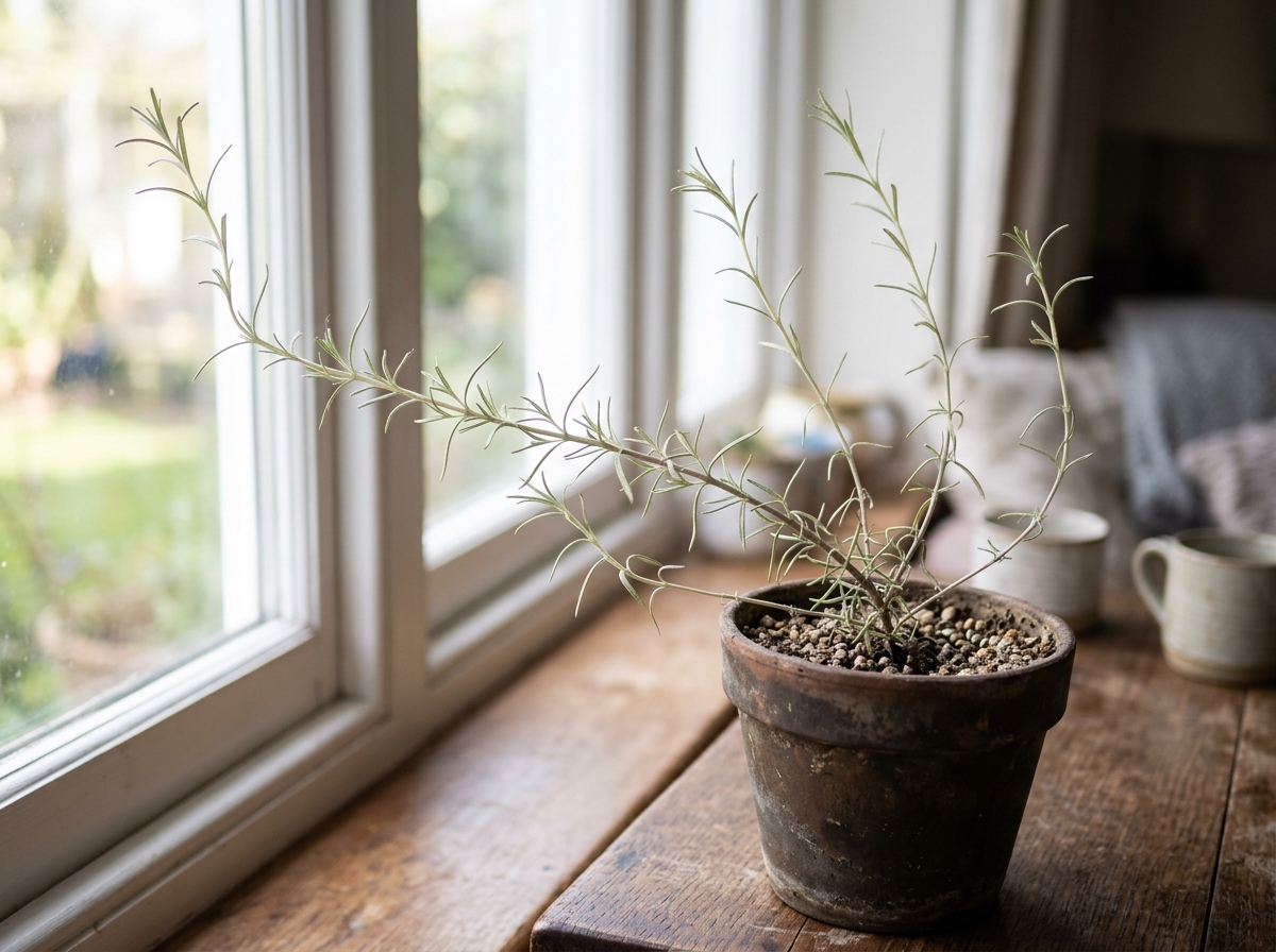 A leggy rosemary plant with wide gaps between leaves and weak stems - grow rosemary indoors low light A leggy rosemary plant with wide gaps between leaves and weak stems - grow rosemary indoors low light