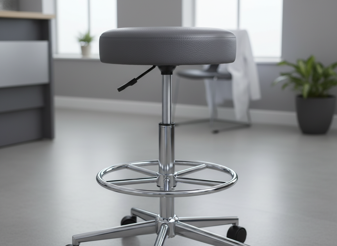 A tall drafting stool featuring a chrome foot ring and antimicrobial vinyl seat - anti-microbial desk stool surface