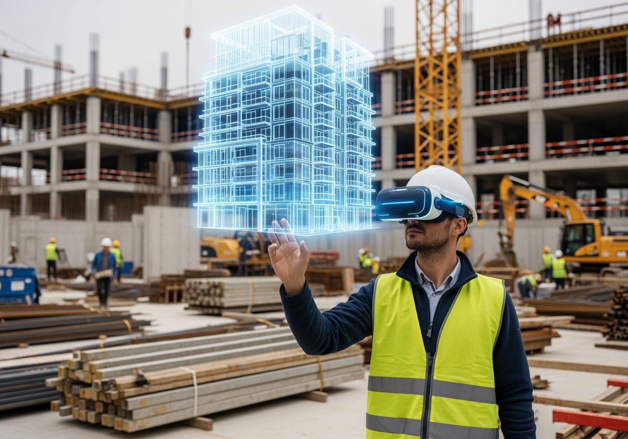 A person wearing a VR headset interacting with a 3D model of a building, overlaid onto a real-world construction site - emerging technology trends