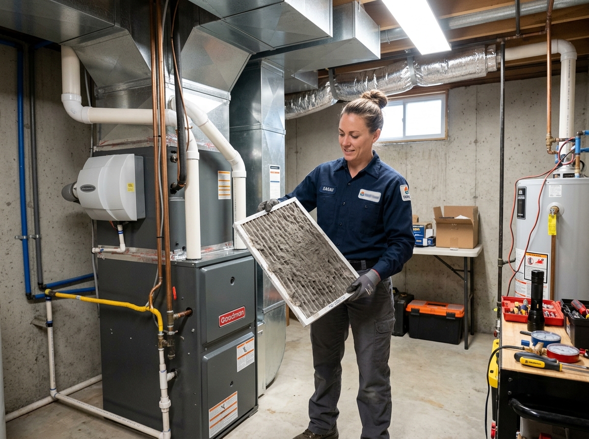 HVAC technician showing a clogged furnace filter caused by dusty air pulled in through leaky ducts - duct repair services