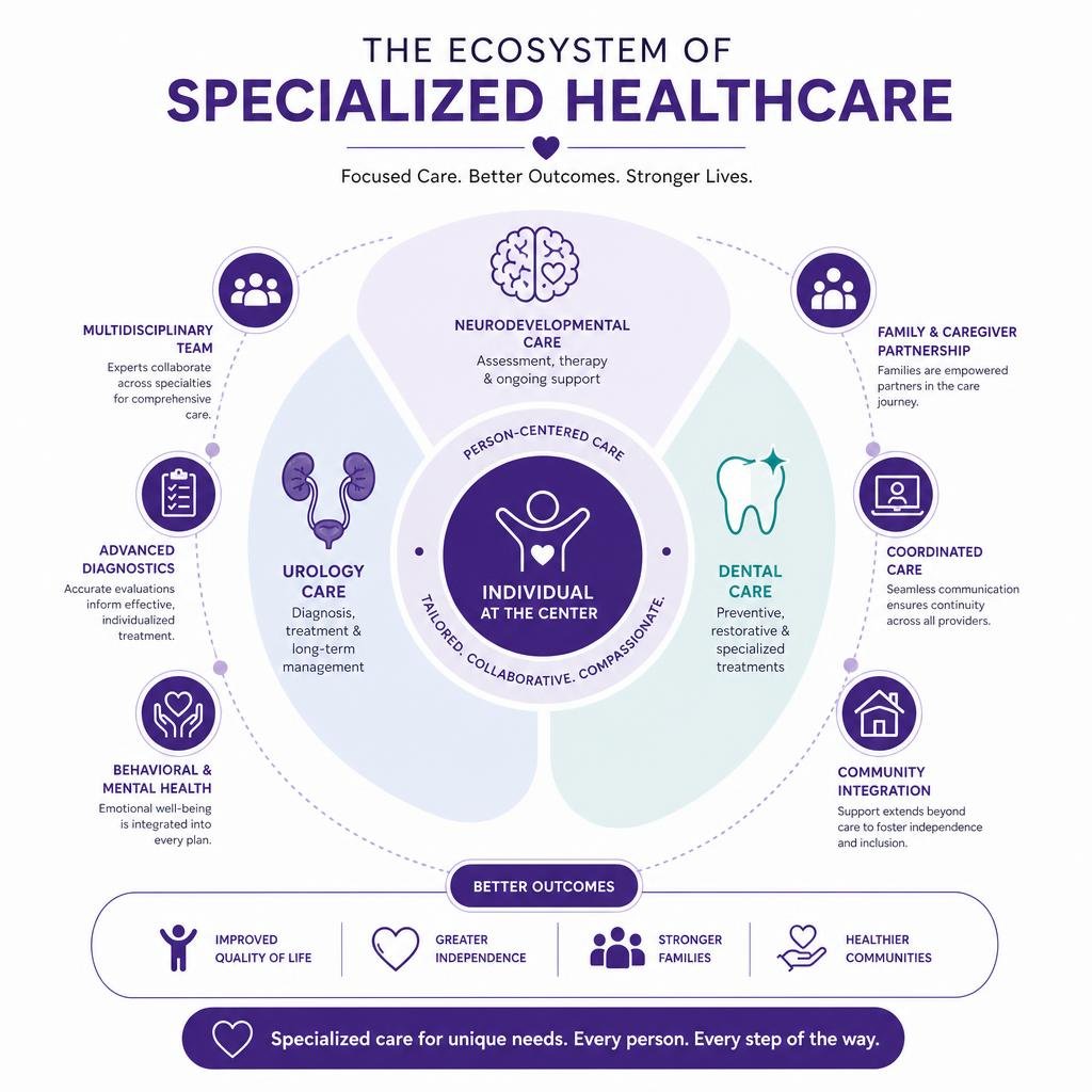 Infographic explaining the ecosystem of specialized healthcare infographic