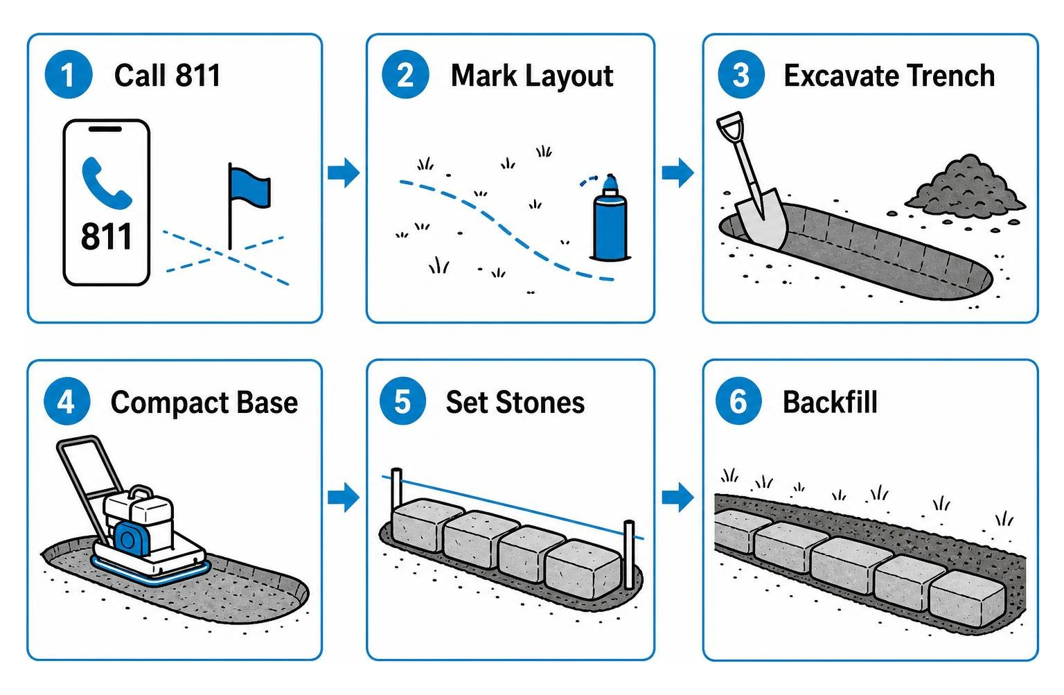 Installation workflow: Call 811, Mark Layout, Excavate Trench, Compact Base, Set Stones, Backfill Installation workflow: Call 811, Mark Layout, Excavate Trench, Compact Base, Set Stones, Backfill