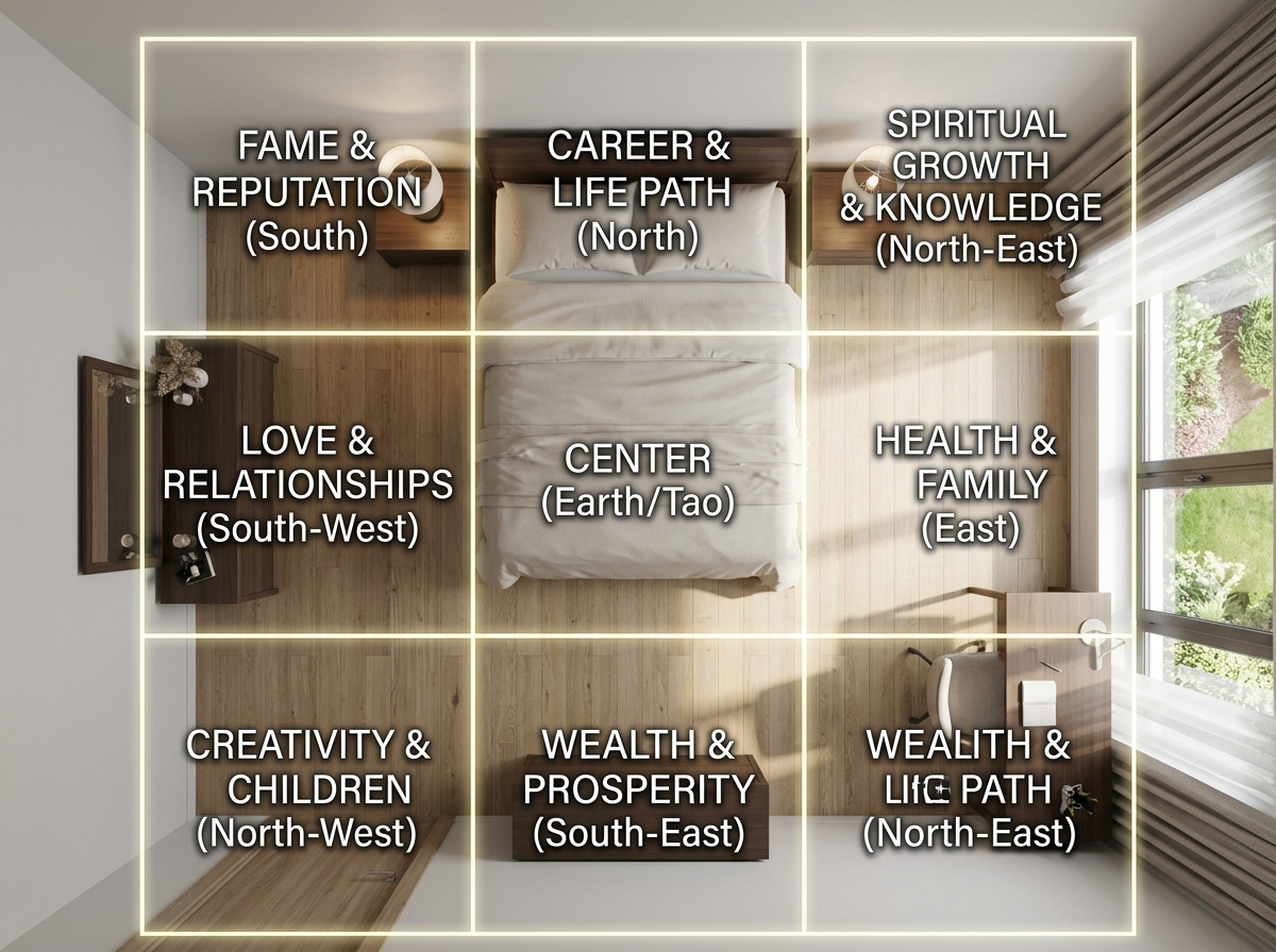 Bagua map superimposed over a modern bedroom layout showing energy zones - bedroom plants harmony placement
