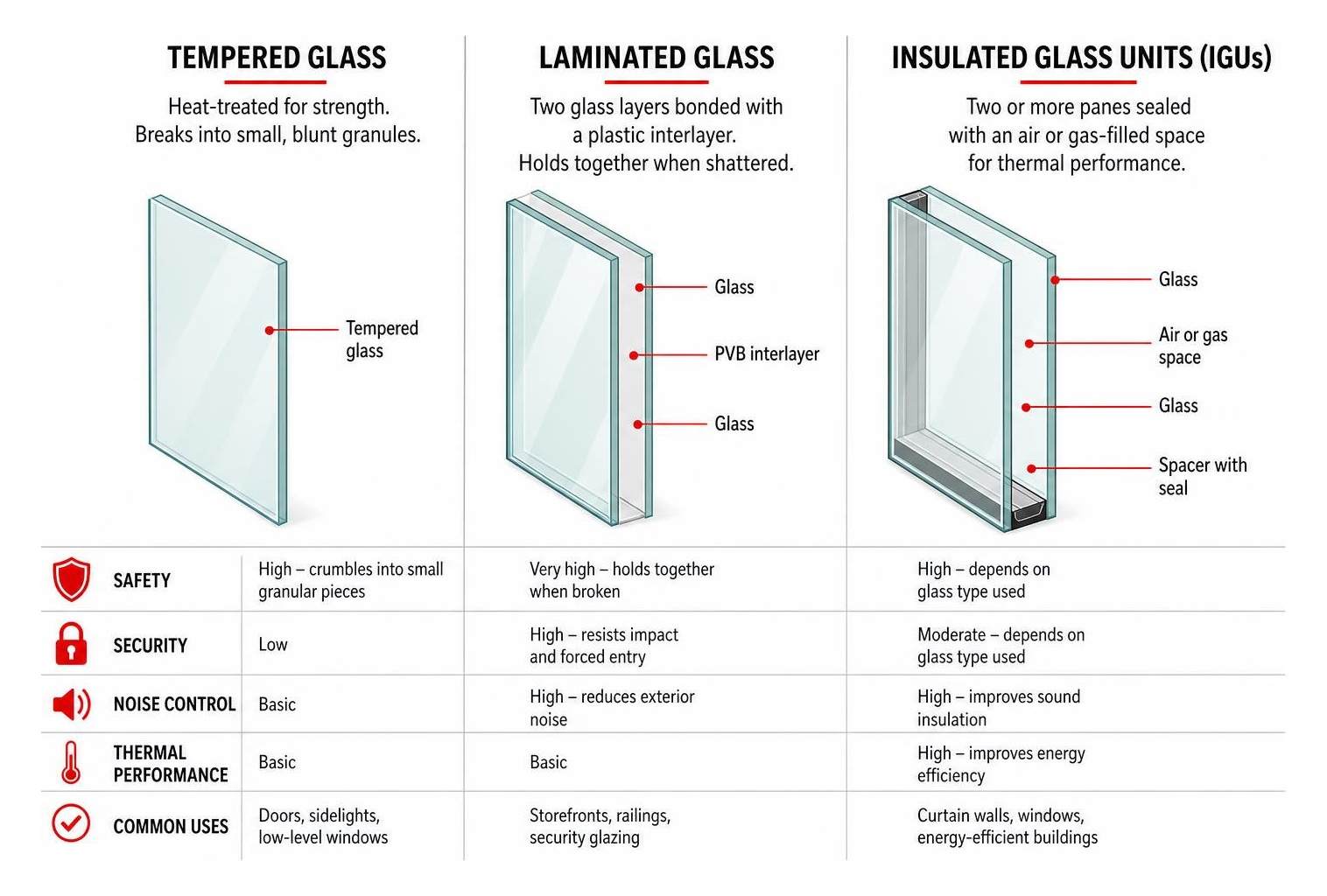 Diagram showing the architectural differences between tempered glass, laminated glass, and insulated glass units Diagram showing the architectural differences between tempered glass, laminated glass, and insulated glass units