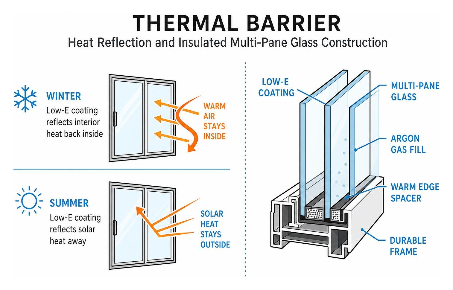 Thermal barrier diagram showing heat reflection and insulated multi-pane glass construction Thermal barrier diagram showing heat reflection and insulated multi-pane glass construction