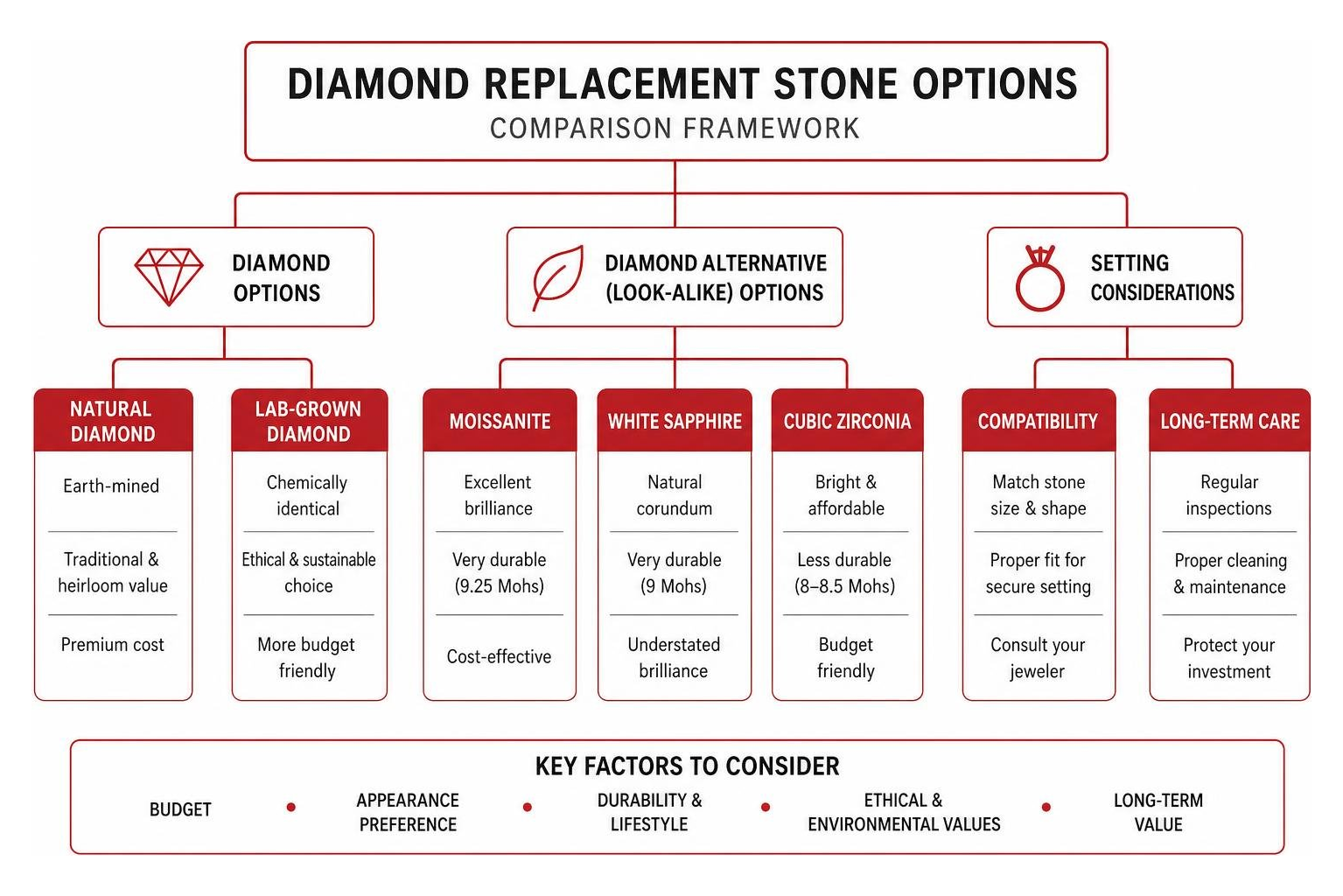 Comparison framework for diamond replacement stone options Comparison framework for diamond replacement stone options