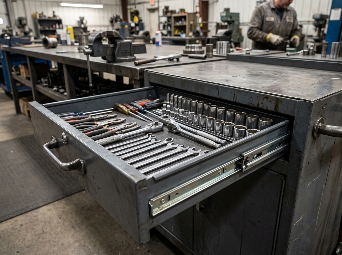 Heavy-duty workbench drawers with ball-bearing slides for smooth operation - adjustable height work table with drawers