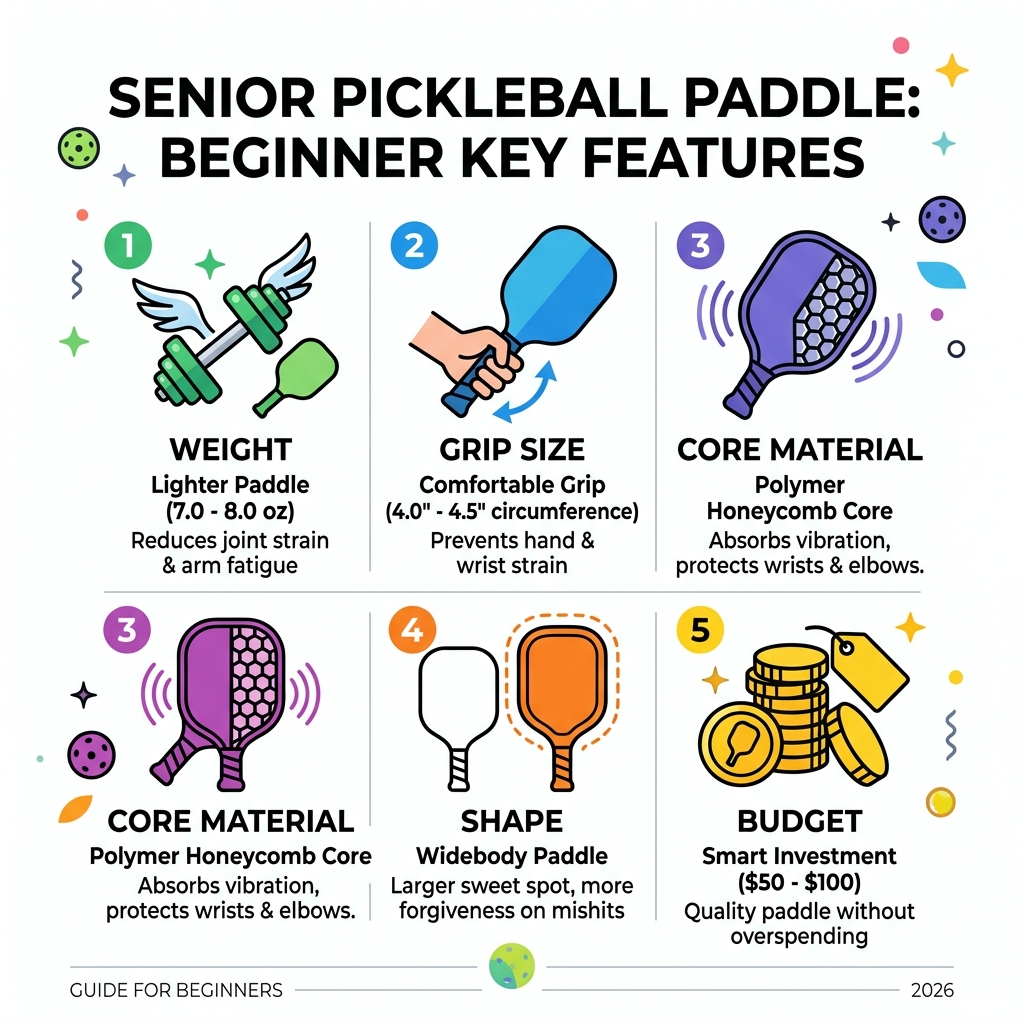 Senior pickleball paddle key features infographic for beginners: weight, grip, core, shape, budget - senior pickleball Senior pickleball paddle key features infographic for beginners: weight, grip, core, shape, budget - senior pickleball