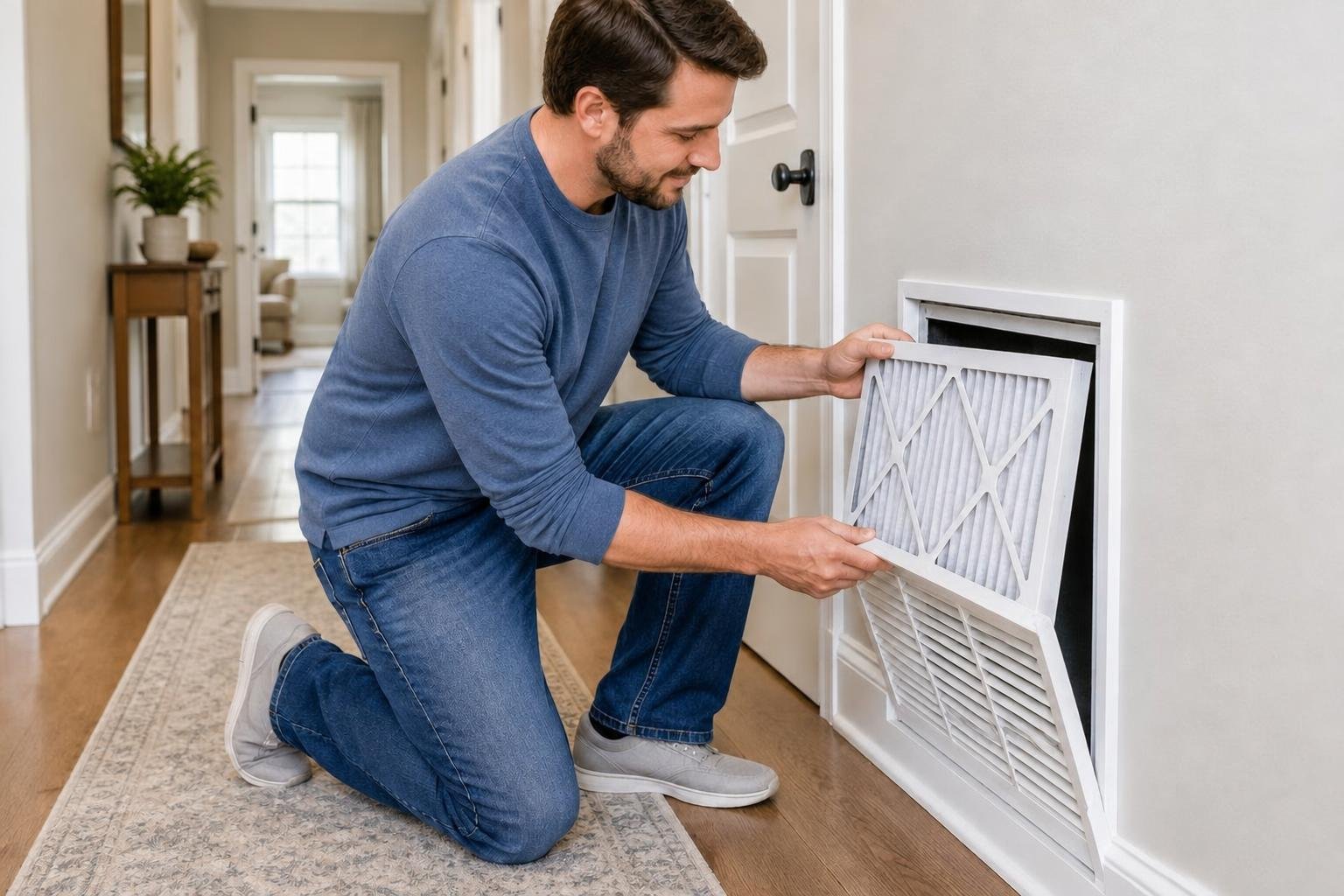 Homeowner inserting a clean HVAC air filter into a return grille Homeowner inserting a clean HVAC air filter into a return grille