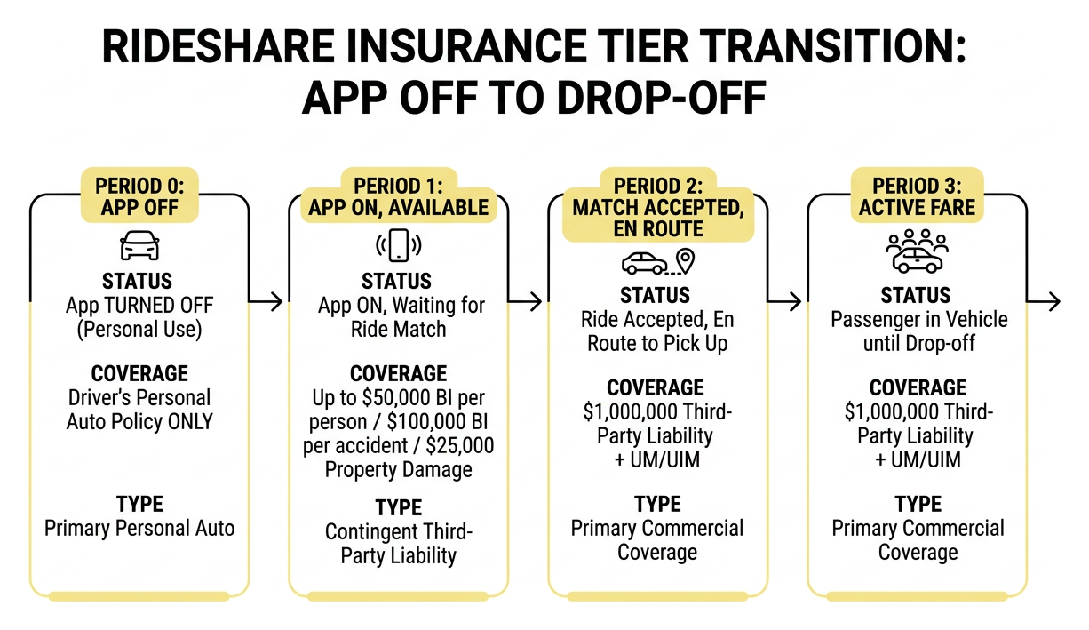 Rideshare insurance tier transition from app off to passenger drop-off Rideshare insurance tier transition from app off to passenger drop-off