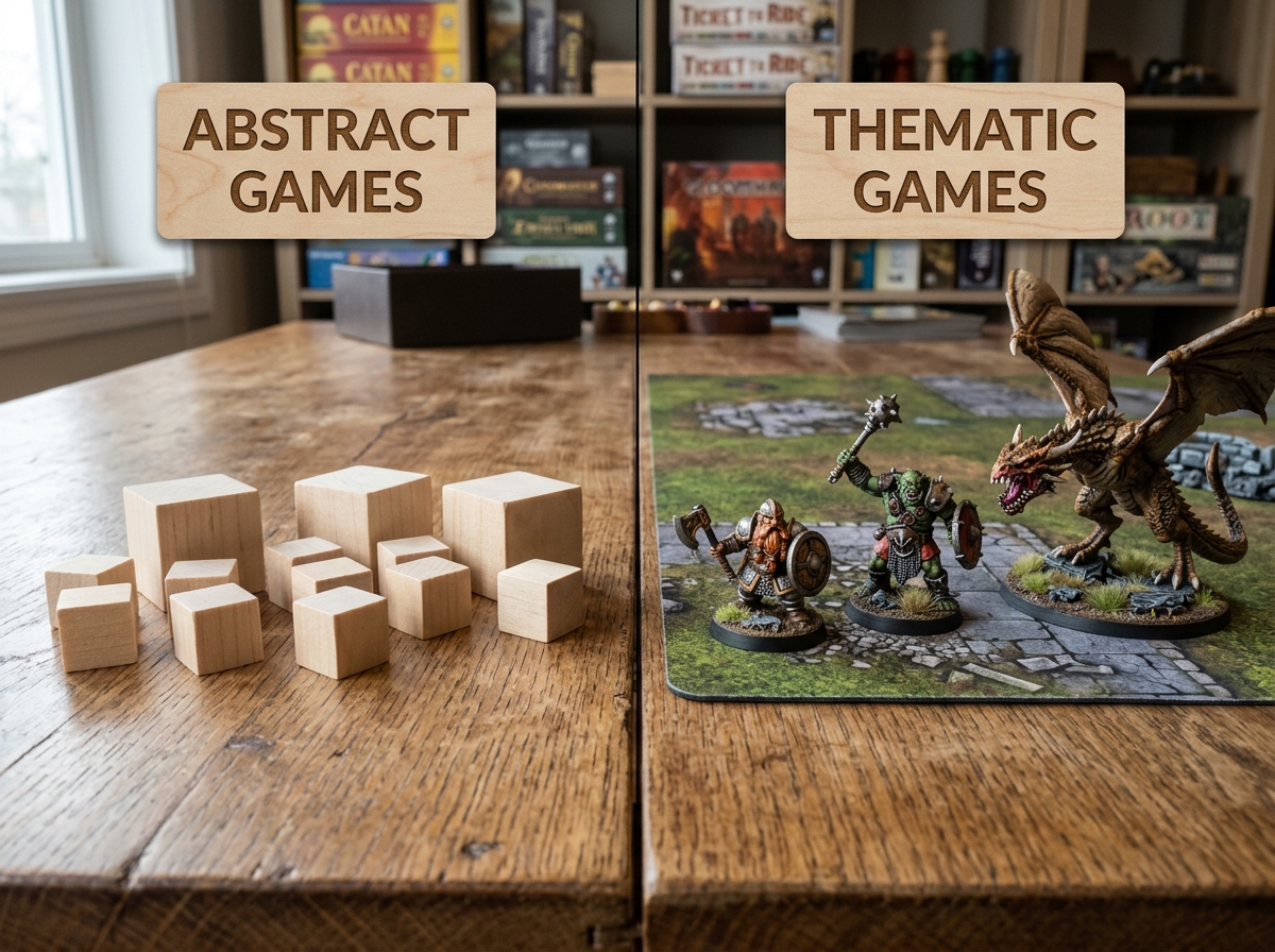 Comparison of abstract wooden cubes versus highly detailed thematic miniatures - thematic games Comparison of abstract wooden cubes versus highly detailed thematic miniatures - thematic games