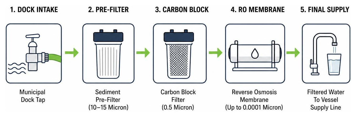 Process flow diagram showing dock intake leading to pre-filter, primary carbon block, RO membrane, and final supply line