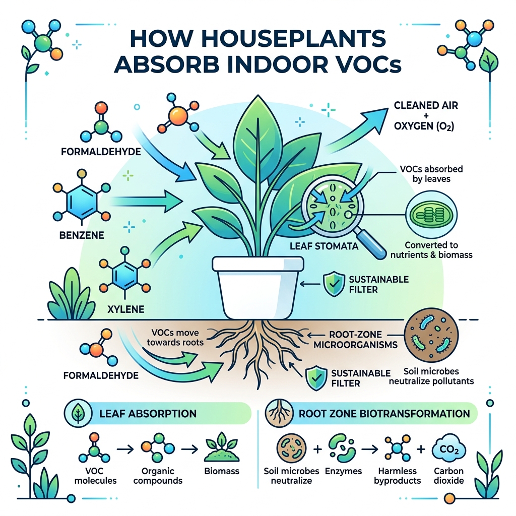 Infographic showing how plant leaves and roots absorb indoor VOCs like formaldehyde and benzene - best low light houseplants Infographic showing how plant leaves and roots absorb indoor VOCs like formaldehyde and benzene - best low light houseplants