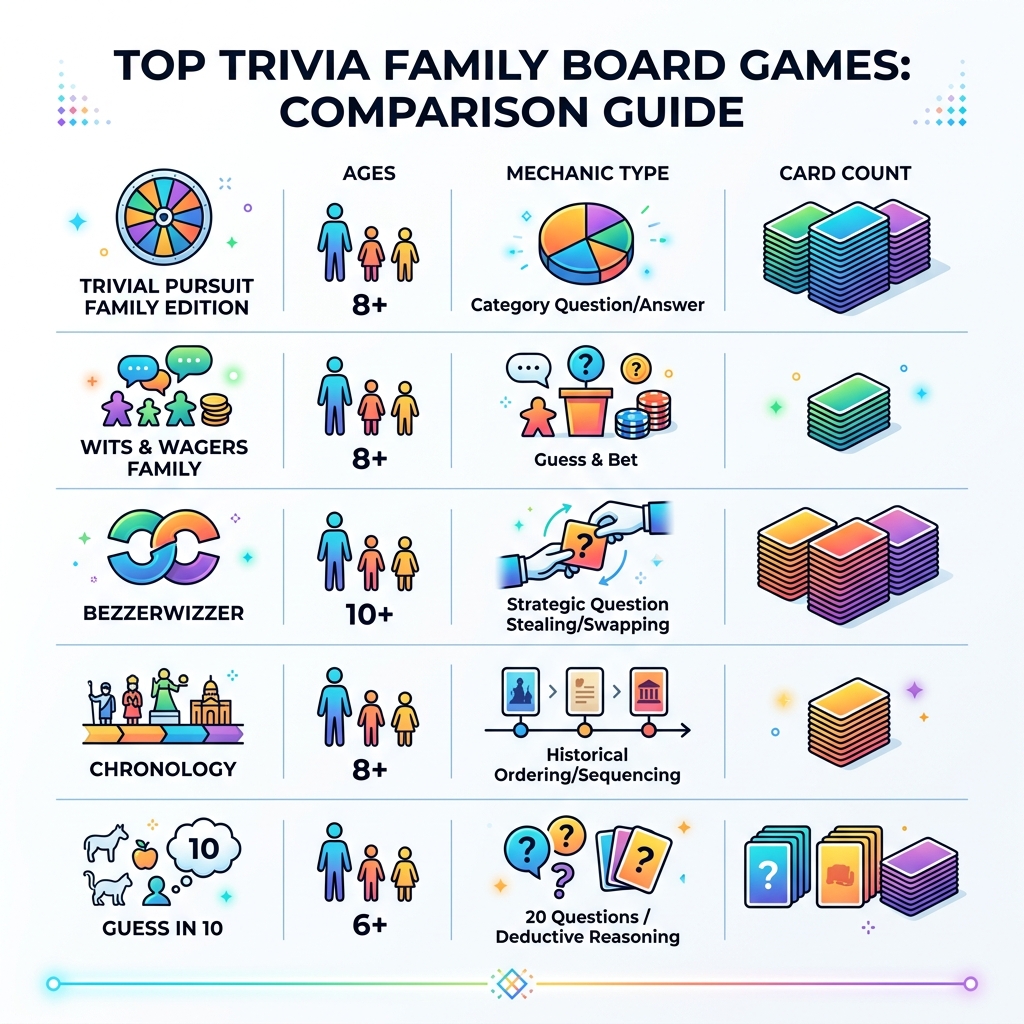 Comparison infographic of top trivia family board games by age range, mechanic type, and card count - trivia family board Comparison infographic of top trivia family board games by age range, mechanic type, and card count - trivia family board
