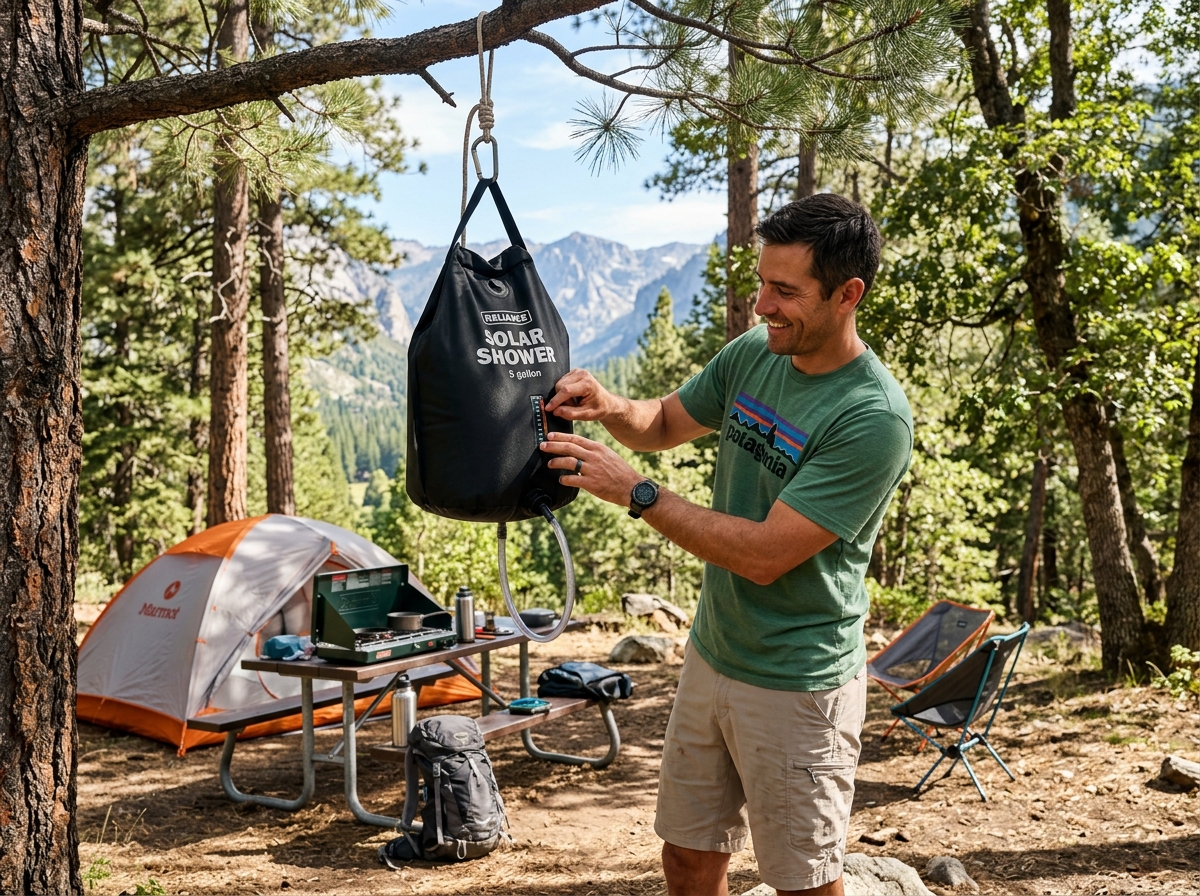 camper checking temperature on a solar shower bag - solar hot water shower