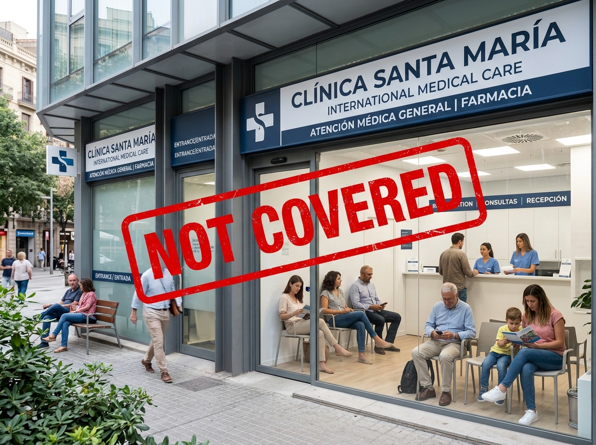 Graphic showing a medical clinic abroad with a "Not Covered" stamp on routine services - travel insurance exclusion Graphic showing a medical clinic abroad with a "Not Covered" stamp on routine services - travel insurance exclusion