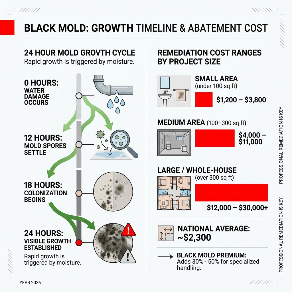 Infographic showing the 24-hour mold growth cycle and cost ranges by project size - black mold abatement cost infographic Infographic showing the 24-hour mold growth cycle and cost ranges by project size - black mold abatement cost infographic