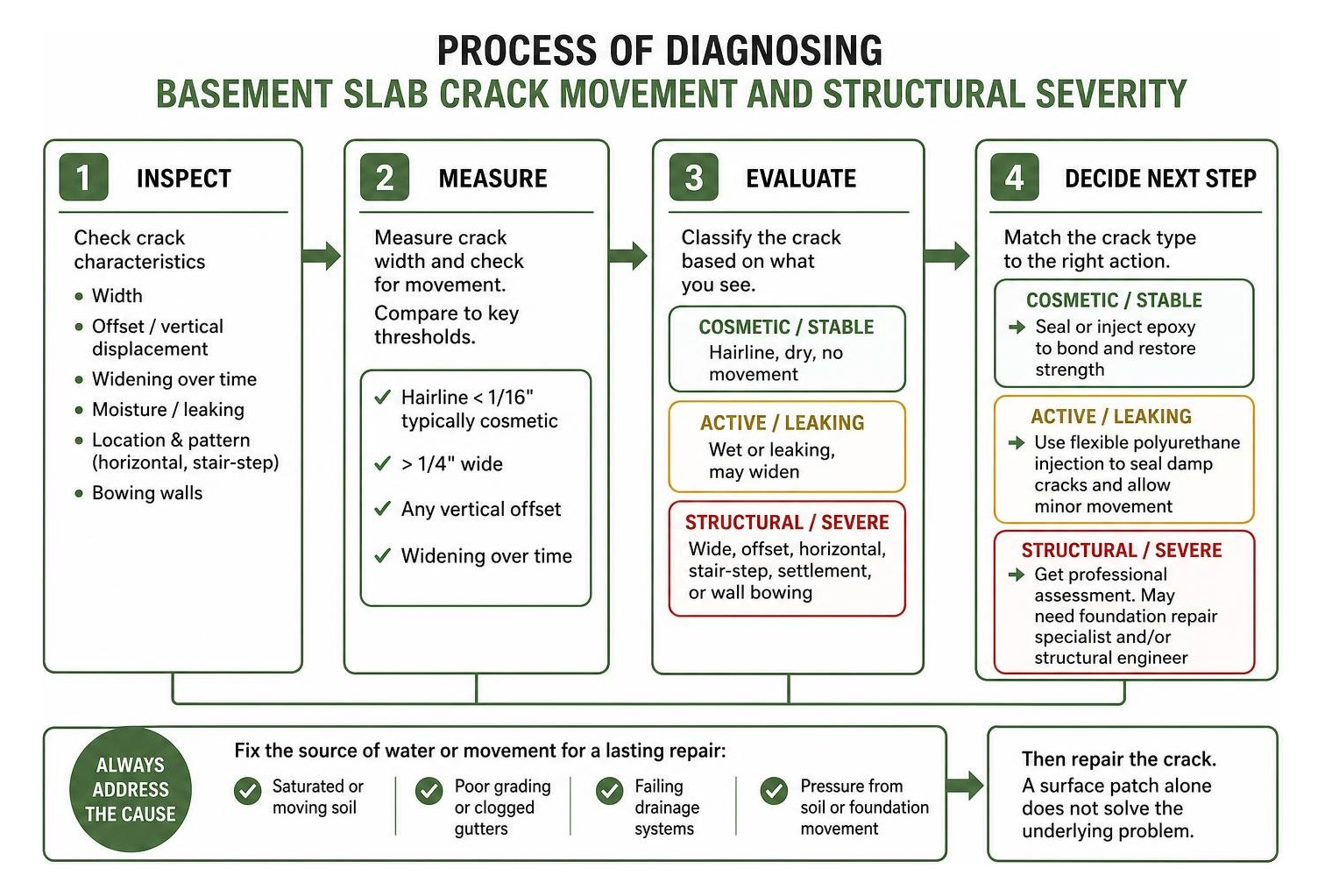 Process of diagnosing basement slab crack movement and structural severity