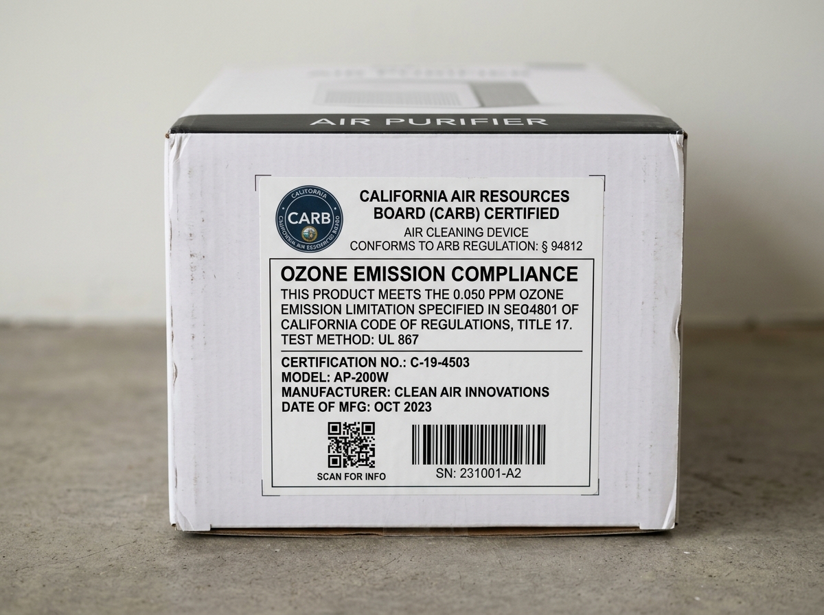 CARB certification label on a product box showing compliance with ozone standards - air purifiers without ozone