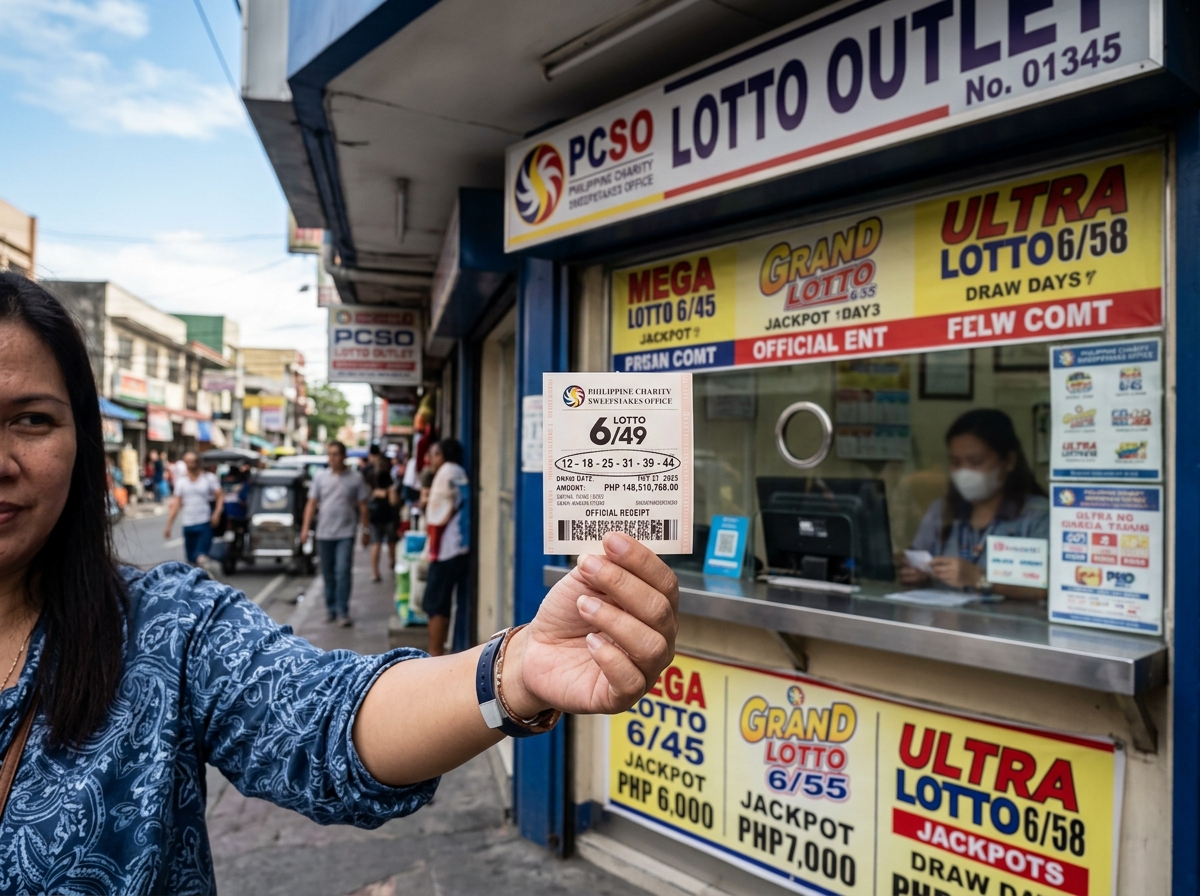 A winning lotto ticket held up against a PCSO outlet background - ultra lotto result A winning lotto ticket held up against a PCSO outlet background - ultra lotto result