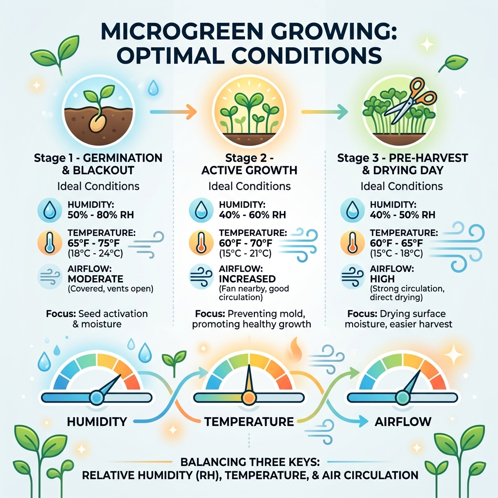 Humidity, temperature, and airflow relationship in microgreen growing stages infographic - microgreens growing humidity
