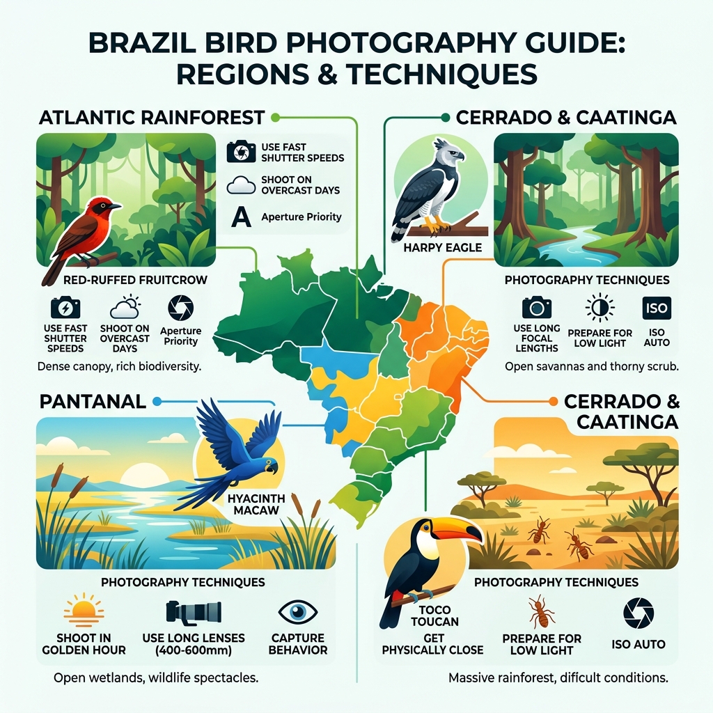 Infographic showing Brazil's primary birding biomes, key species, and best photography techniques per region - brazil bird Infographic showing Brazil's primary birding biomes, key species, and best photography techniques per region - brazil bird