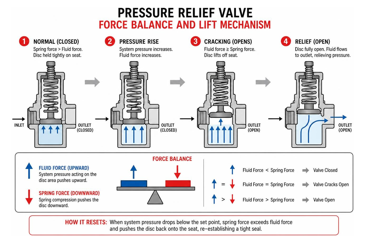 Pressure relief valve force balance and lift mechanism Pressure relief valve force balance and lift mechanism
