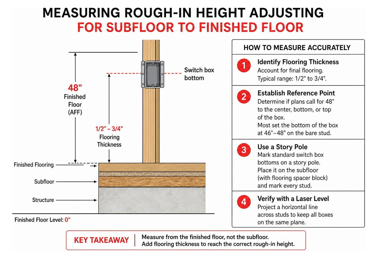 Diagram showing how to measure rough-in height adjusting for subfloor to finished floor Diagram showing how to measure rough-in height adjusting for subfloor to finished floor