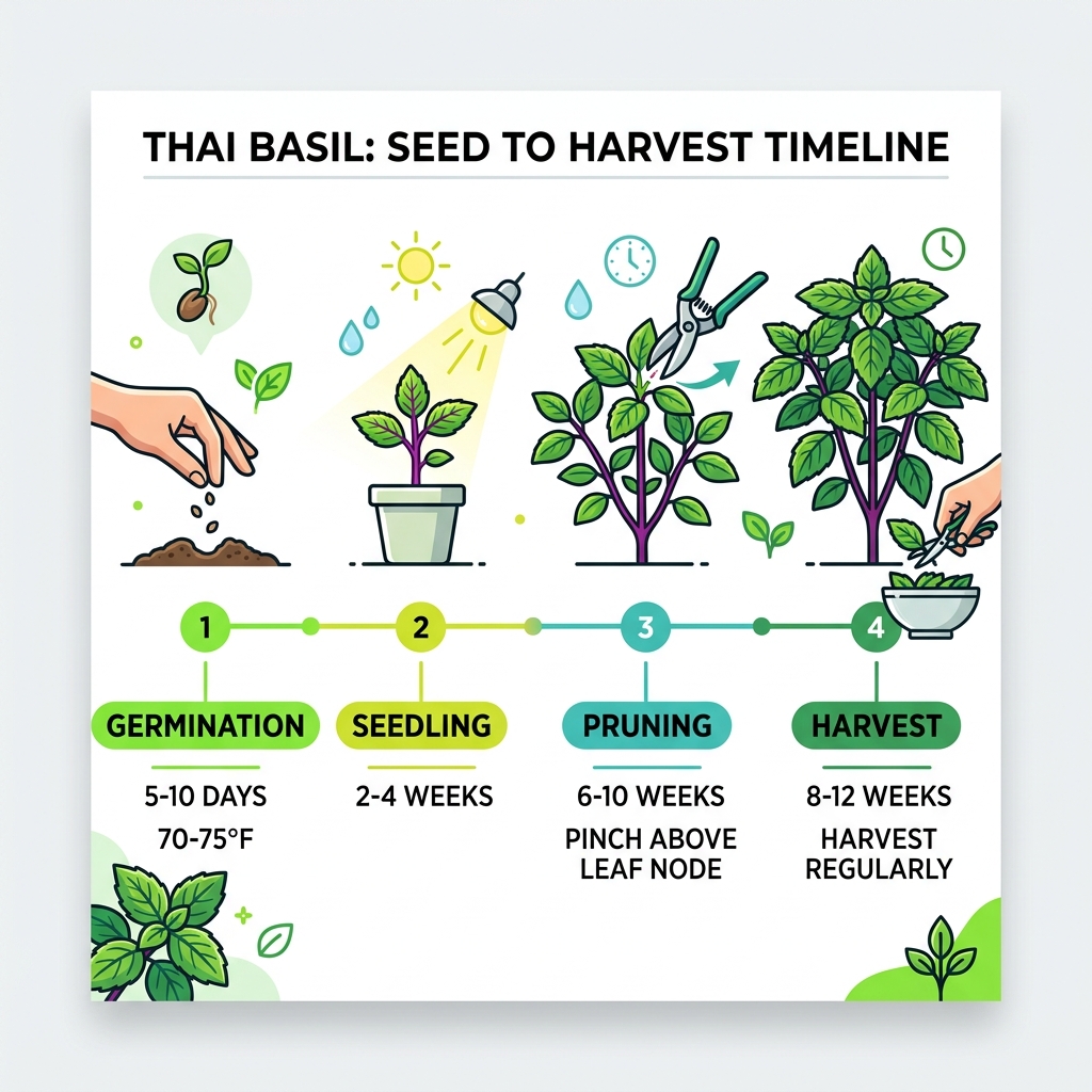 Thai basil seed to harvest timeline infographic showing germination, seedling, pruning, and harvest stages - thai basil Thai basil seed to harvest timeline infographic showing germination, seedling, pruning, and harvest stages - thai basil