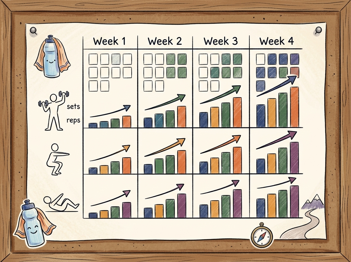workout progress chart showing sets and reps over 4 weeks - intense tricep workout at home