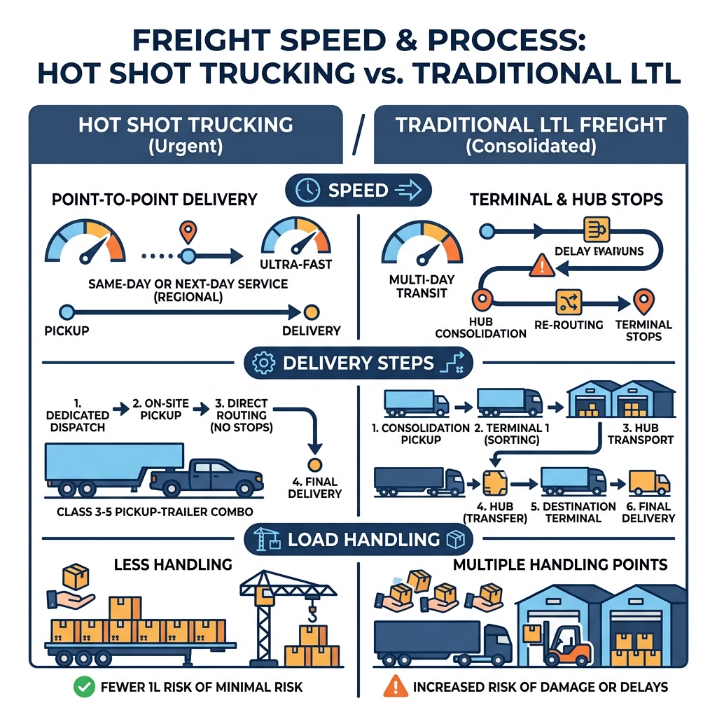 Infographic comparing hot shot trucking speed and delivery steps vs traditional LTL freight process - hot shot trucking
