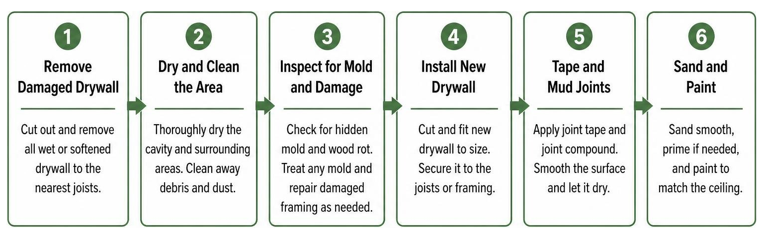Sequence for restoring water-damaged drywall Sequence for restoring water-damaged drywall