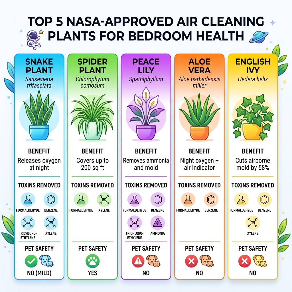 Infographic showing top 5 NASA-approved air cleaning plants for bedroom with toxins removed and pet safety - air cleaning