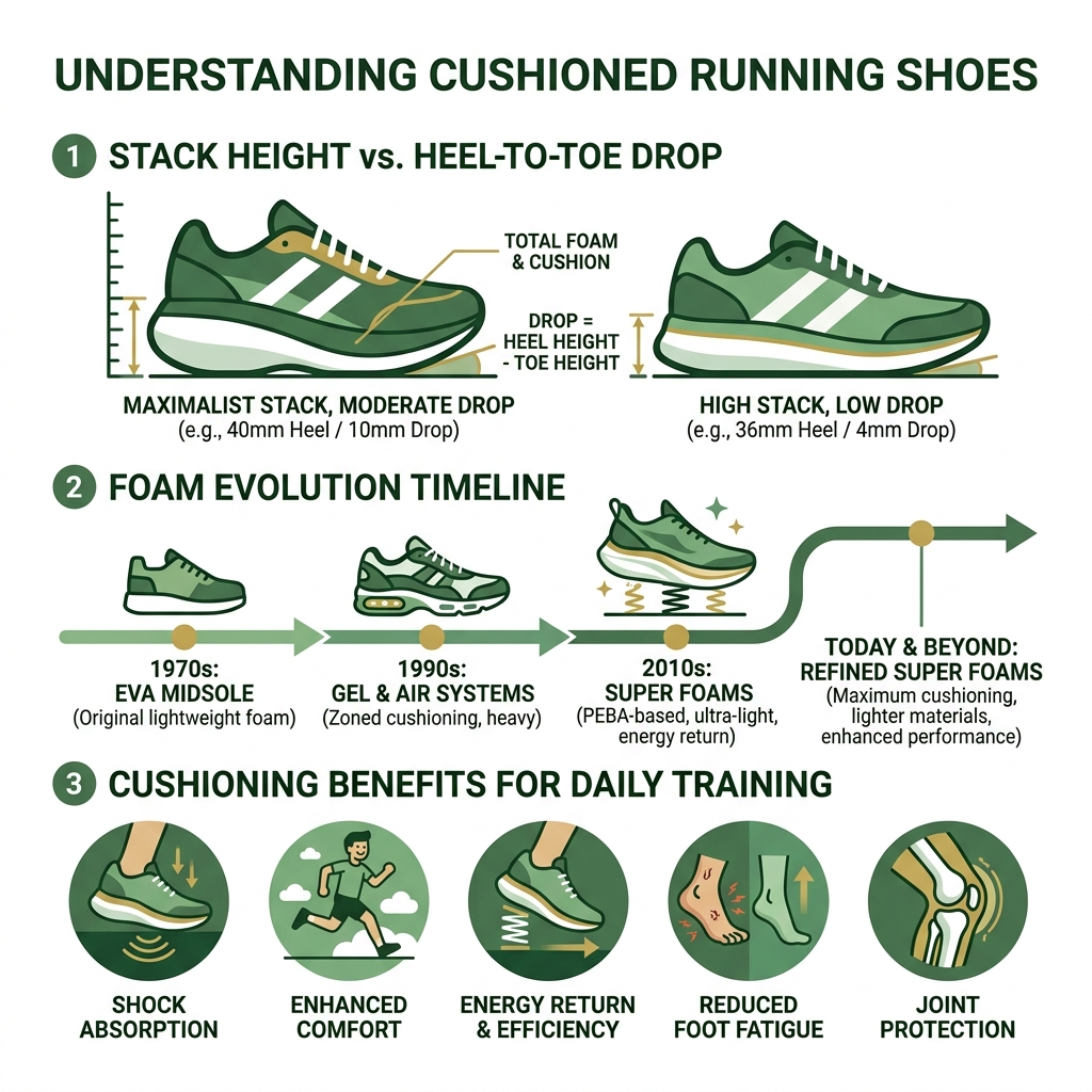 Infographic showing stack height vs heel-to-toe drop, foam evolution timeline, and cushioning benefits for daily training
