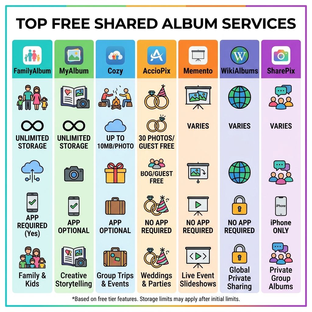 comparison of top free shared album services with key features and use cases - best free shared albums infographic 