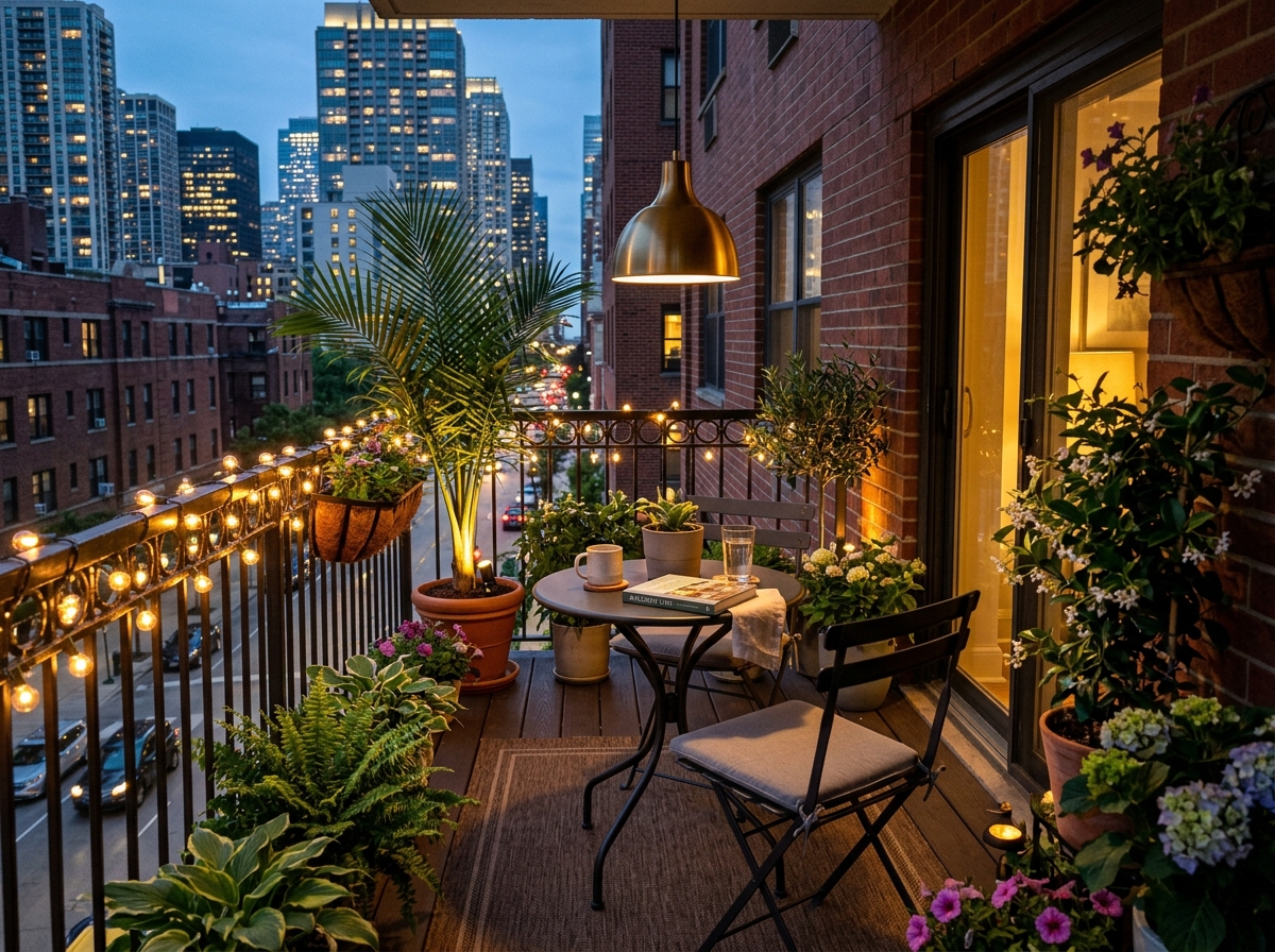 layered lighting on a small balcony - balcony garden lighting solutions