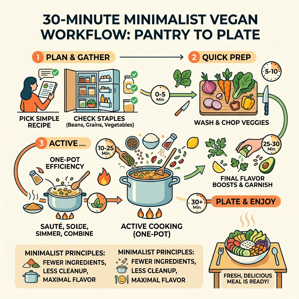Infographic showing the 30-minute minimalist vegan workflow from pantry to plate - 30 min minimalist vegan infographic Infographic showing the 30-minute minimalist vegan workflow from pantry to plate - 30 min minimalist vegan infographic