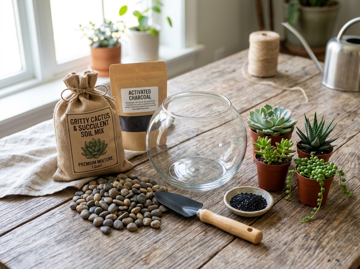 Essential supplies for building a succulent terrarium including pebbles and soil - diy succulent terrarium ideas Essential supplies for building a succulent terrarium including pebbles and soil - diy succulent terrarium ideas
