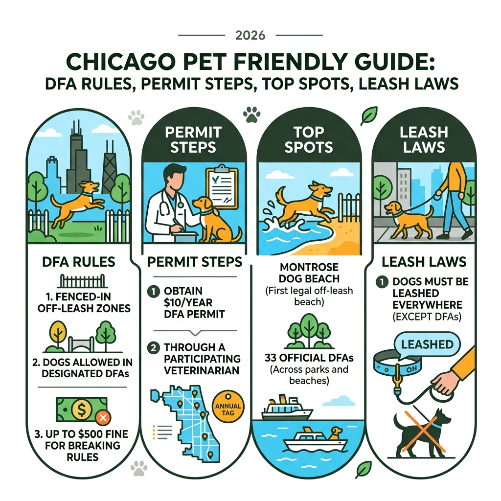 Chicago pet friendly guide infographic: DFA rules, permit steps, top spots, and leash laws - Pet friendly Chicago IL Chicago pet friendly guide infographic: DFA rules, permit steps, top spots, and leash laws - Pet friendly Chicago IL