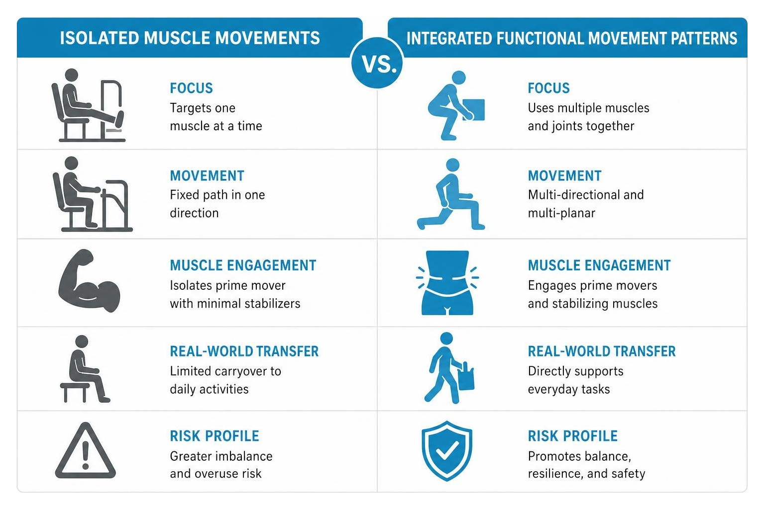 Comparison of isolated muscle movements versus integrated functional movement patterns Comparison of isolated muscle movements versus integrated functional movement patterns