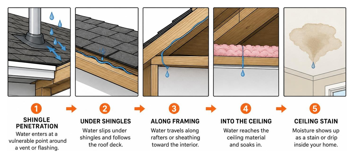 diagram of water leak path traveling from shingle penetration to ceiling stain
