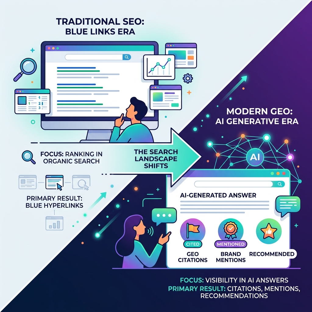 Infographic showing transition from traditional SEO blue links to AI-generated GEO citations and brand mentions - AI SEO GEO