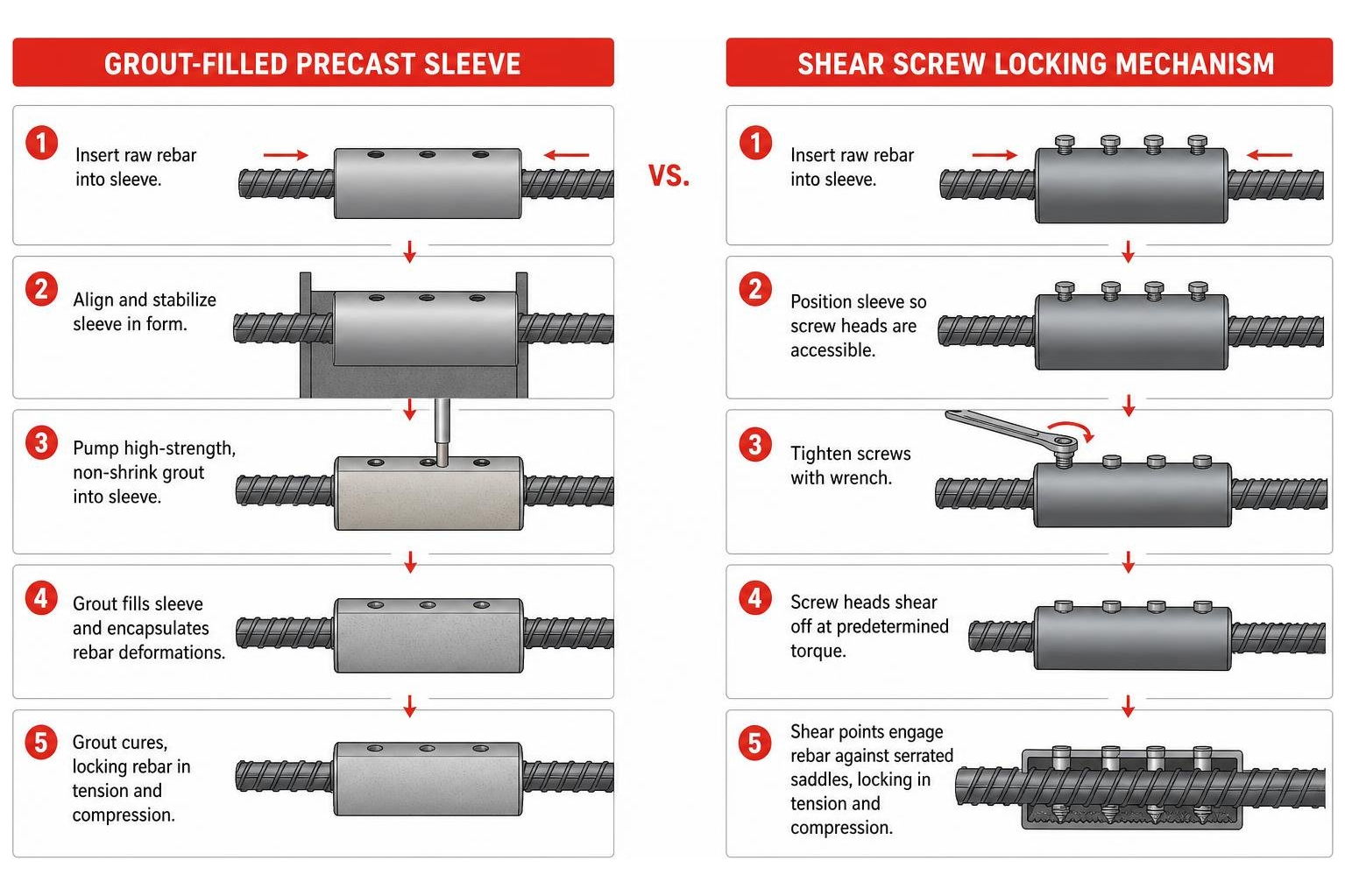 Comparison of grout-filled precast sleeve versus shear screw locking mechanism