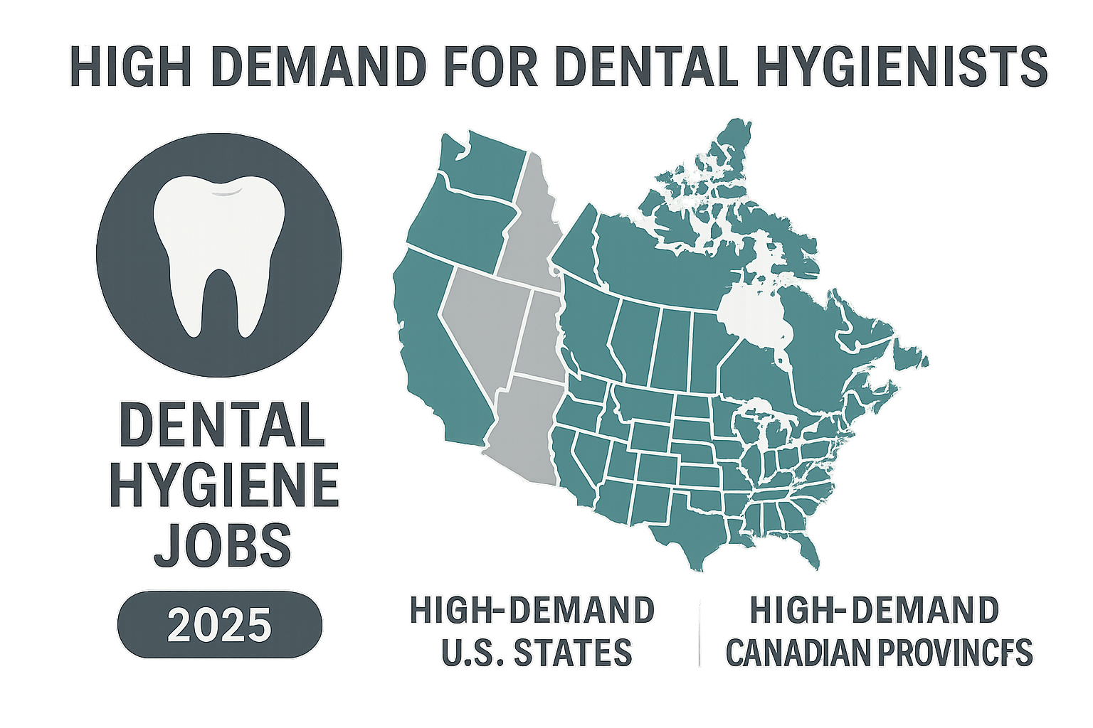 Map highlighting states/provinces with high demand for dental hygienists - dental hygiene jobs infographic 