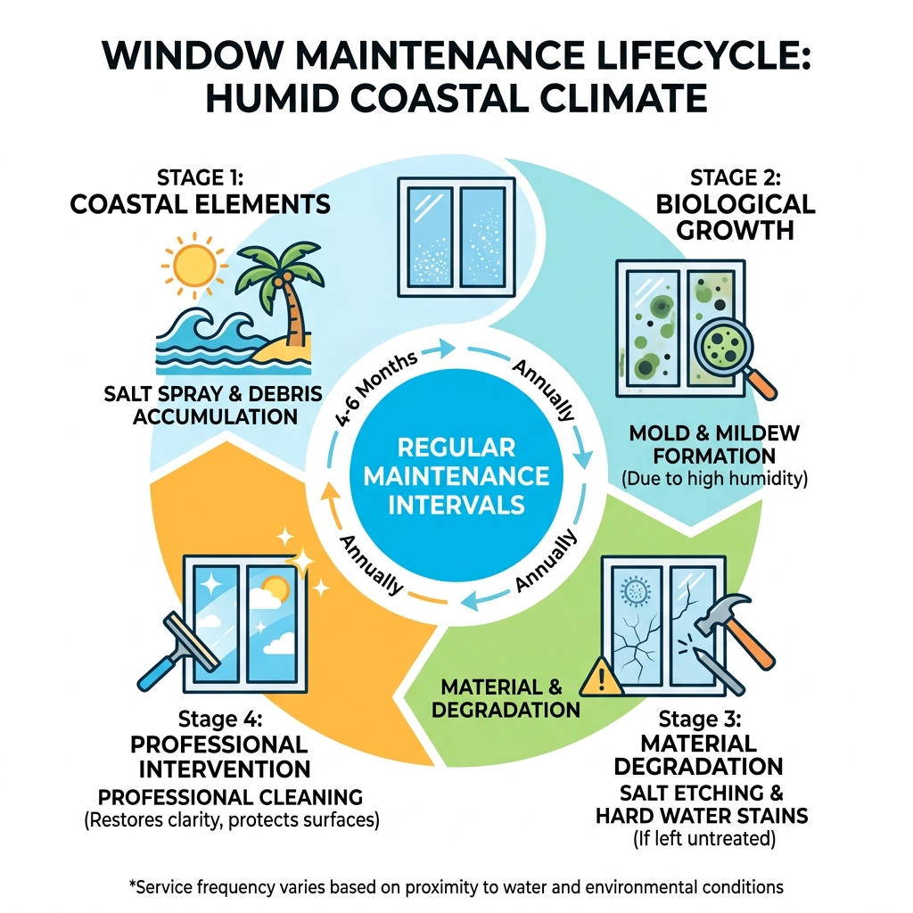 Infographic showing window maintenance lifecycle in humid coastal climates: salt buildup, mold growth, etching, and Infographic showing window maintenance lifecycle in humid coastal climates: salt buildup, mold growth, etching, and