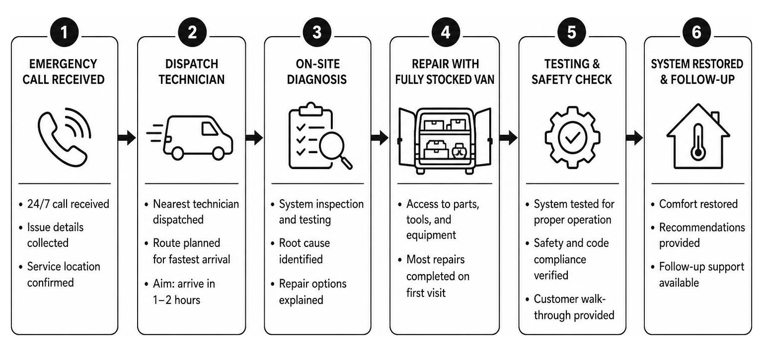 Step-by-step emergency HVAC dispatch and repair process flow